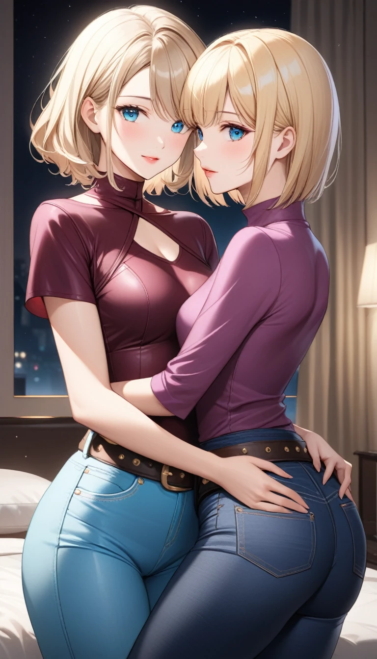 Two beautiful ladies ((lady 1: 35y old mom, with short straight blonde hair, lady 1 with blue eyes and caucasian skin, lady 1 wearing Tight Jeans and Leather Belt, lady 1 Sexy Criss Cross Mock Neck Short Sleeves Burgundy Blouse)), ((lady 2: 13y old daughter, with short straight blonde hair, lady 2 with blue eyes and caucasian skin, lady 2 wearing Tight Jean Shorts and Leather Belt, lady 2 Sexy Criss Cross Mock Neck Short Sleeves Turquoise Blouse)), luxurious jewelry, 18k gold wedding ring on left hand, standing in their bedroom at night, hugging and kissing each other, (light brown lipstick), (elegant mascara), (slim body), (small breasts), (wide hips), endjourney, <lora:GoodHands-, <lora:GoodLegs-, UHD, high resolution, (expressive eyes, perfect face, full body, expressive face, perfect body, perfect pussy, athletic, fit, slim body, blushing, Perfect makeup, eyeliner, beautiful eyelashes, smiling, horny face), ((best illumination, best shadows)), ((sexy pose)), ((Front pov:1.1))