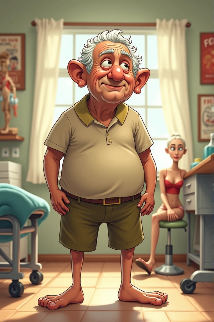 Disney type drawing, with an elderly man with swollen legs, face with premature wrinkles and unkempt, in a physiotherapy office