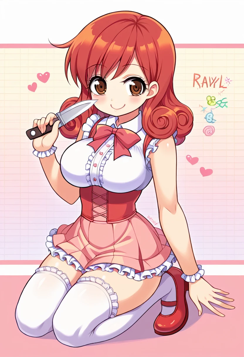 Cute, woman, short red curly hair, brown eyes, big breasts, hourglass body, small waist, ruffle pastel bow blouse, pastel skirt, Mary Jane shoes, white lacy stockings, sitting on knees, yandere, holding a knife in hand