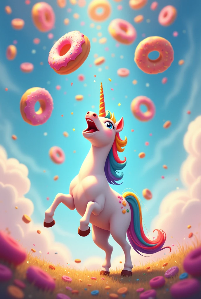 rain of many donuts and a happy unicorn