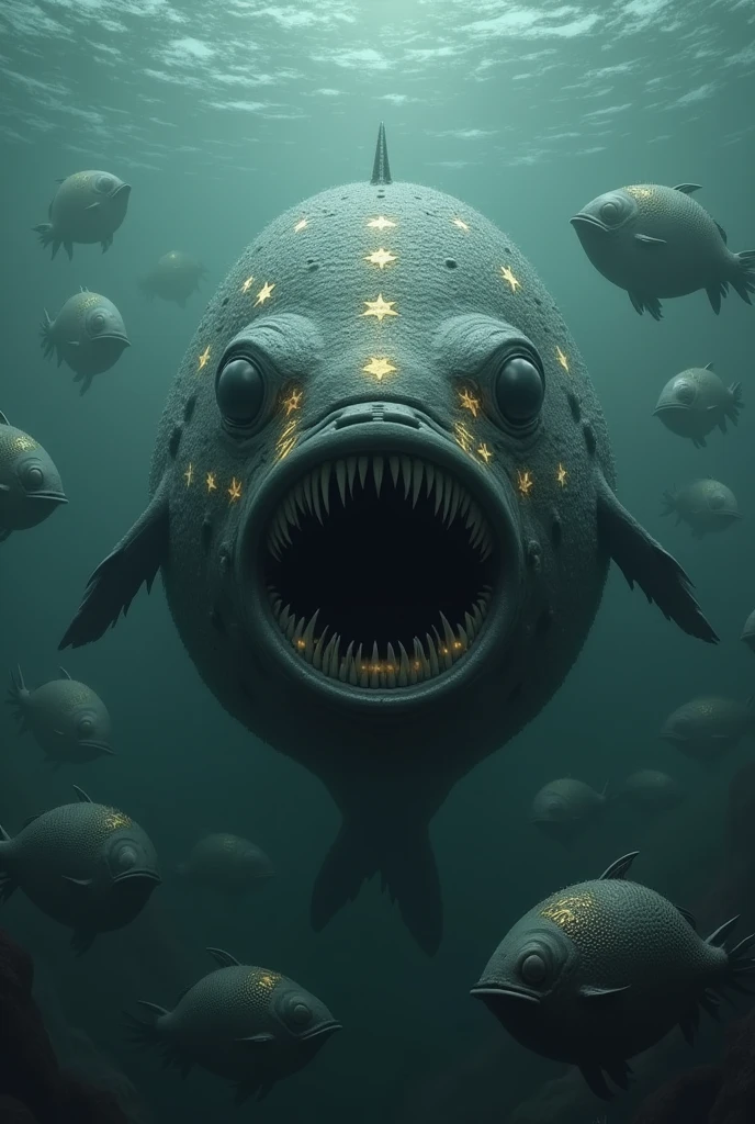 a peculiar fish whose size rivaled that of a shark, its grayish-black body devoid of scales, replaced instead by numerous, pulsing meatballs. These strange meatballs shimmered with an interconnected, faint starlight, forming cryptic symbols. It sported a pair of eyes on each side of its head, and its gaping maw was as sharp as a flagpole.Surrounding this strange fish and numerous similar fish seemed to form a school.