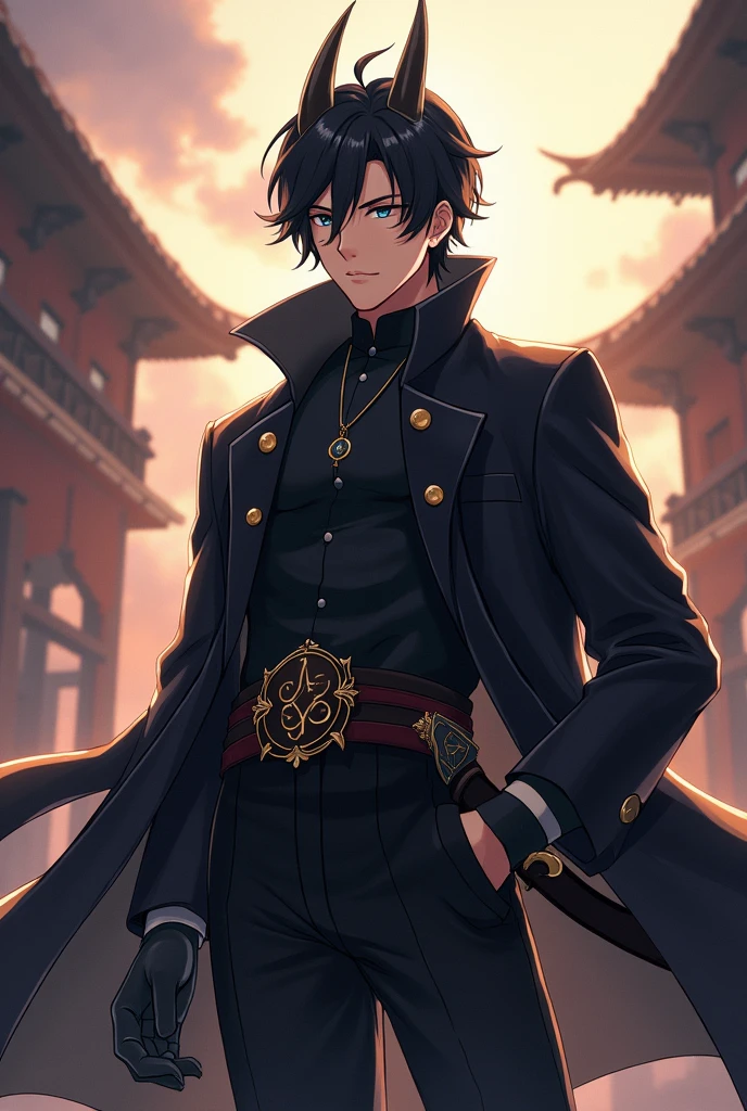 Anime style like Genshin impact, a swordsman warrior with straight but not so big dragon horns, a black trench coat like Gambit's, short black hair, handsome and charismatic person, not so serious