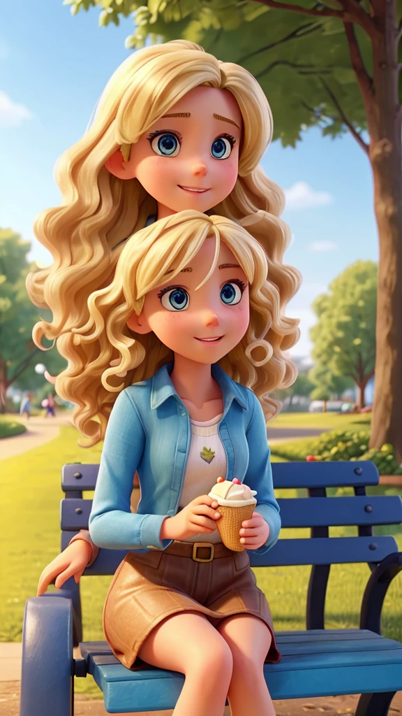 a young woman, hair down to the middle of her back, curly and blonde. she has blue eyes. She is in a city park, sitting on a park bench with an ice cream in her hand and licking it. She is happy.