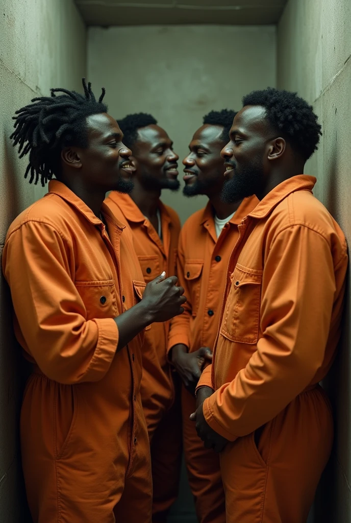 A Group of Male Prisoners Likes Their Orange Jumpsuit Uniform and Limes Each other In The Cell