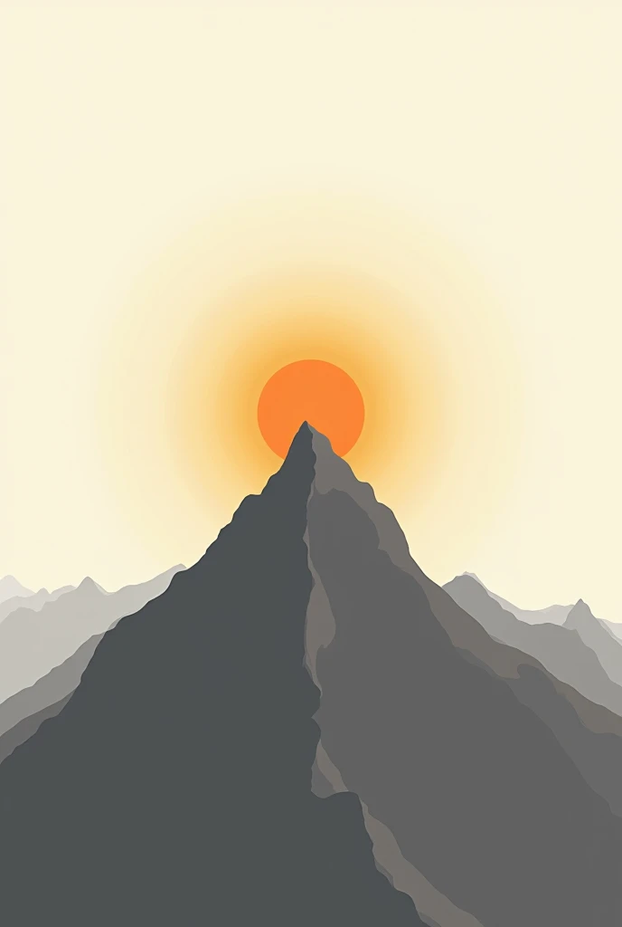 A minimalist drawing of a mountain with the sun rising behind it, symbolizing the beginning of a new day and new opportunities.
light background (soft yellow or white) with the mountain in dark gray and the sun in orange
