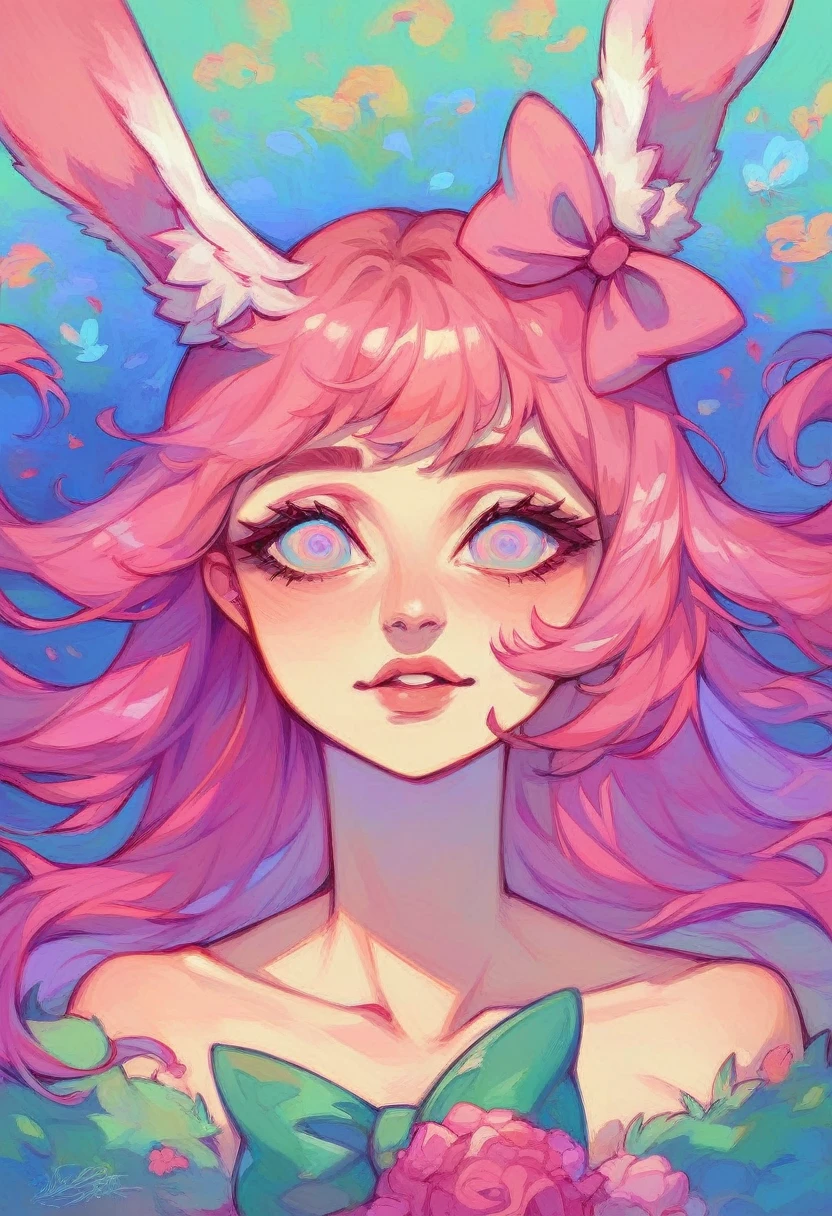 Emily Ortiz,There is a girl with long hair,Open and closed squat position,Bunny ears and pink bow, with cat ears, with bunny ears, lalisa manobal, Beautiful Delfina, Lalisa Manoban em blackpink, detailed short hair,colored hair color、slightly droopy eyes, very beautiful fluffy kitten, young pale and beautiful asian face, , wearing pink hair bow, showing the chest