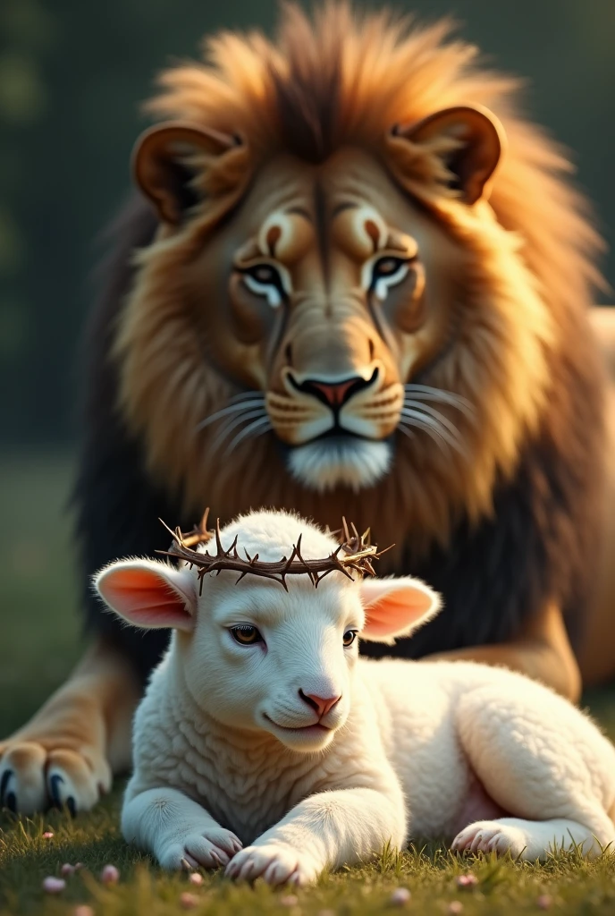 A baby lamb with a crown of thorns lying down protected from behind by a beautiful and glorious lion