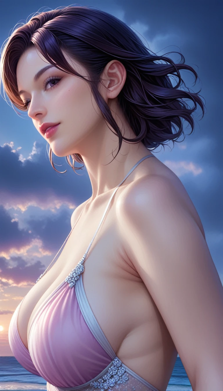 score_9, score_8_superior, score_7_superior, High resolution 3D anime style,A masterpiece in 32K resolution,Highest quality,it is really amazing,Very detailed,Ultra-high resolution,Ultra-realistic,Realistic,Increased depth of field,Cinematic lighting,
Elegant mature Japanese woman,
black straight medium hair,Ultra-detailed and beautiful face,Calm and gentle look,Translucent white skin,Realistic skin texture,Great proportions,
Elegant swimwear,
Summery design,Chic color scheme,Beautiful and delicate decoration,Detailed fabric texture,
Overcast night sky,(Dark Clouds:1),(Thundercloud:1),Coastline at night,Stormy seas,(delay々A desolate sandy beach that continues:1),
dramatic,Beautiful back view,