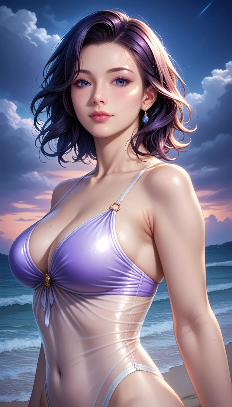 score_9, score_8_superior, score_7_superior, High resolution 3D anime style,A masterpiece in 32K resolution,Highest quality,it is really amazing,Very detailed,Ultra-high resolution,Ultra-realistic,Realistic,Increased depth of field,Cinematic lighting,
Elegant mature Japanese woman,
black straight medium hair,Ultra-detailed and beautiful face,Calm and gentle look,Translucent white skin,Realistic skin texture,Great proportions,
Elegant swimwear,
Summery design,Chic color scheme,Beautiful and delicate decoration,Detailed fabric texture,
Overcast night sky,(Dark Clouds:1),(Thundercloud:1),Coastline at night,Stormy seas,(delay々A desolate sandy beach that continues:1),
dramatic,Beautiful back view,