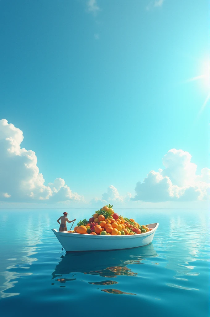 Create an image, a blue ocean with a small white boat with fruits in the middle of a sunny day 