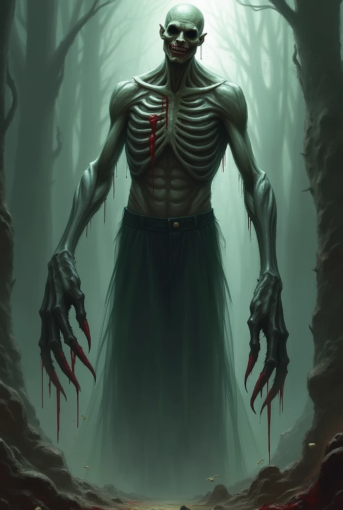 Create a monster in the paranormal order art style where it is 3 meters tall, has a face without a mouth and is very thin, ashen skin, black eyes with a small gray dot his ribs appear coming out of his chest, his left arm has a large bone that looks a bit like a twisted pincer, he has blood running down his face, WITHOUT A MOUTH THE OARANORMAL ORTHER STYLE ART OF MONSTERS NO MOUTH NO MOUTH HE IS HUMANOID AND NOT A SKELETON WITHOUT BEING A SKELETON