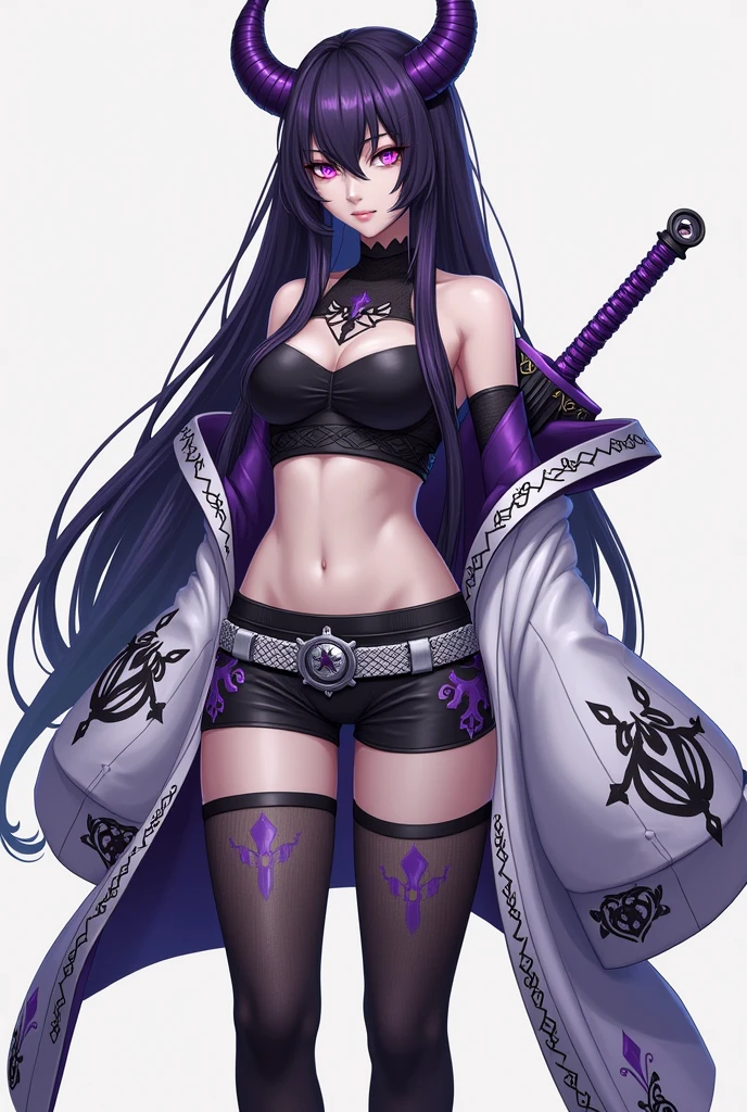Acheron is a tall woman with pale skin, long dark purple hair that reaches her thighs with a fringe that covers her left eye and frames her face, bright violet eyes with pink highlights and diamond shaped pupils.

Her outfit design has Japanese motifs, which consists of a black crop top with a high neckline and intricate cutouts. The cutouts form an upside down V-shape on her chest, Attached to the high neckline is a choker. She wears a white and purple jacket with a long furisode sleeve reminiscent of a kimono. The jacket has intricate black and purple designs. She also wears high-waisted, form-fitting black and purple shorts, as well as black boots. The left boot reaches her thigh while the right boot reaches to just below her knee. She also has a red and purple flame tattoo on her left thigh. She wears a black glove on her left hand while her right hand is covered by a fingerless glove with metallic finger guards covering her fingers. A silver belt with a detailed buckle wraps around her waist. She has various accessories that are chitinous in nature, including a purple shoulder guard, belt, and strap along her spine, as well as a chain around her left wrist, and a large sword reminiscent of an ōdachi.
