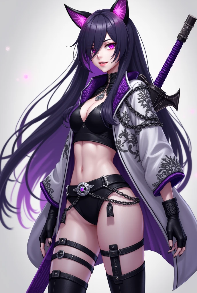 Raiden Shogun // boobs I cup size // purple long hair // pink eyes // holding a battle spear // alone woman
