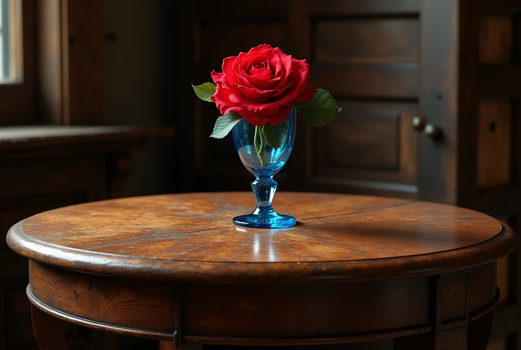 A round table made of cherry wood, believed to have been made in Scotland around the 16th century.、It is still housed in the British Museum&#39;s warehouses.、On top of it is a red rose in a blue glass chalice、 ((Anatomically correct,Surrealism, uhd, retina, accurate, anatomically correct, textured skin, super detail, high details, best quality, 8k))