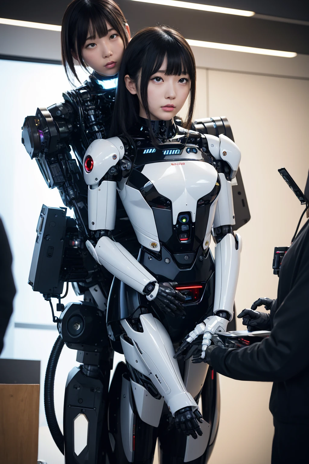 masterpiece, best quality, extremely detailed, Japaese android girls,two individuals,Plump , hug,kiss,control panels,android,Droid,Mechanical Hand, Robot arms and legs, Black hair,Blunt bangs,perfect robot girl,long tube,thick cable connected her neck,android,robot,humanoid,cyborg,japanese cyborg girl ,robot-assembly plant,She is assembled now,assembly scene,chest monitor,rolling eyes