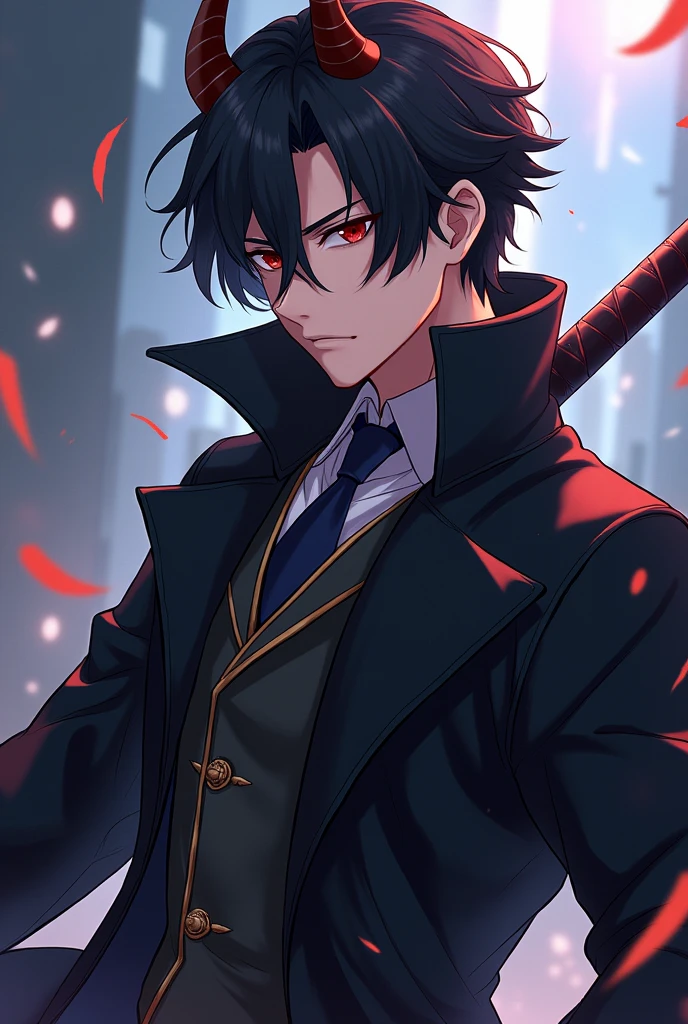 Anime style like Genshin impact, a swordsman warrior with straight but not so big dragon horns, a black trench coat like Gambit's, short black hair, handsome and charismatic person, not so serious