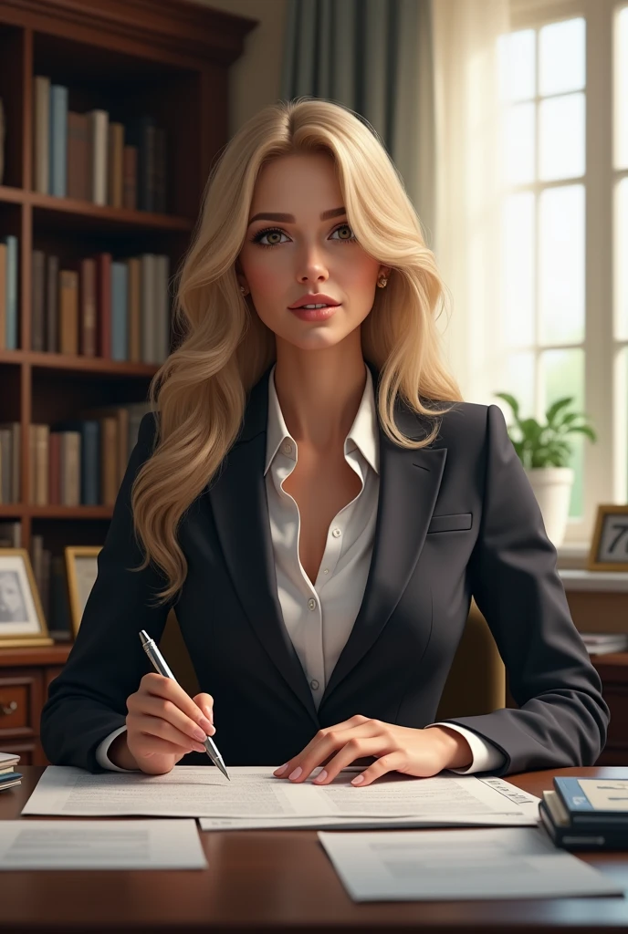 A blonde lawyer sitting at her desk