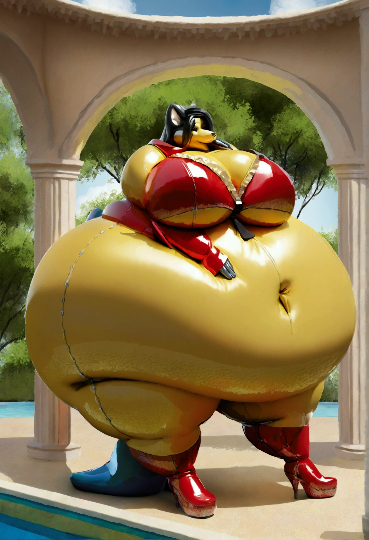 An incredibly obese woman pool toy who has been voluptuously inflated to a rotund size