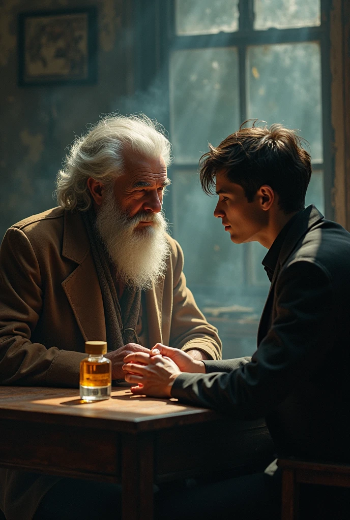 The old perfumer is fascinated by the smell of the perfume of the young man sitting nearby.