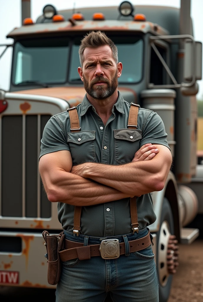 Image size 16;9 handsome masculine truck driver standing outside with his vehicle behind with folded arms