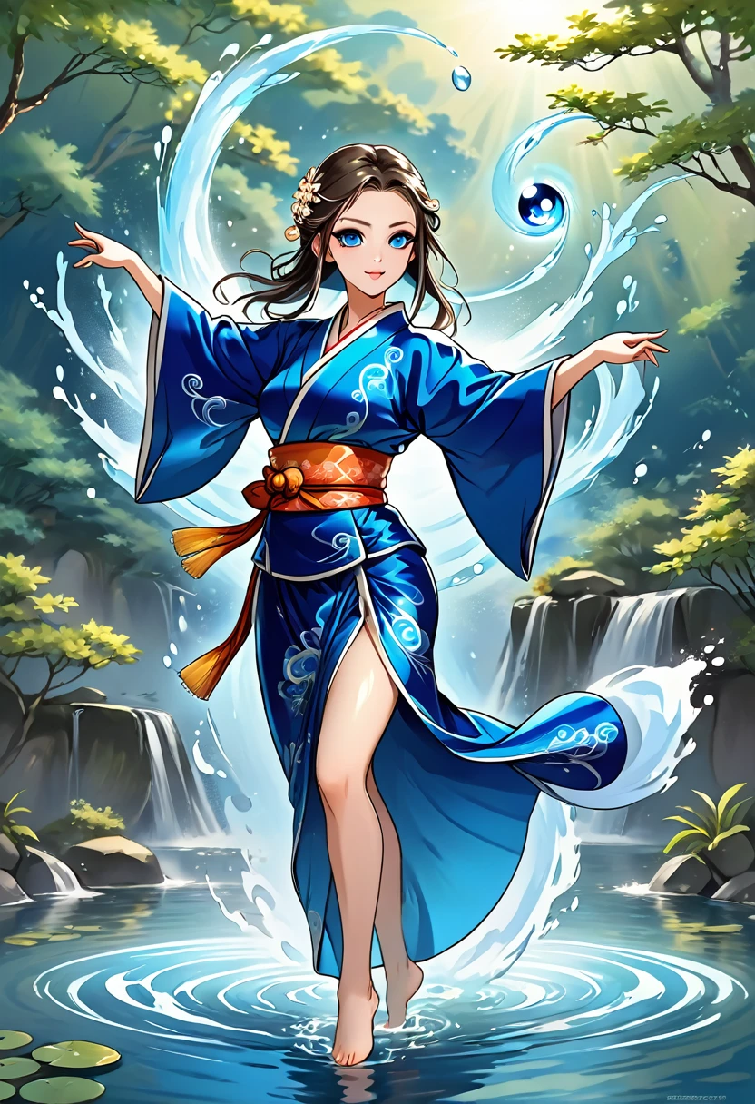 full body illustration, magical dance pose, gorgeous female air and water wizzard in traditional kimono, magical female monk, blue shiny eyes, gorgeous big cute eyes, gorgeous woman, big chest