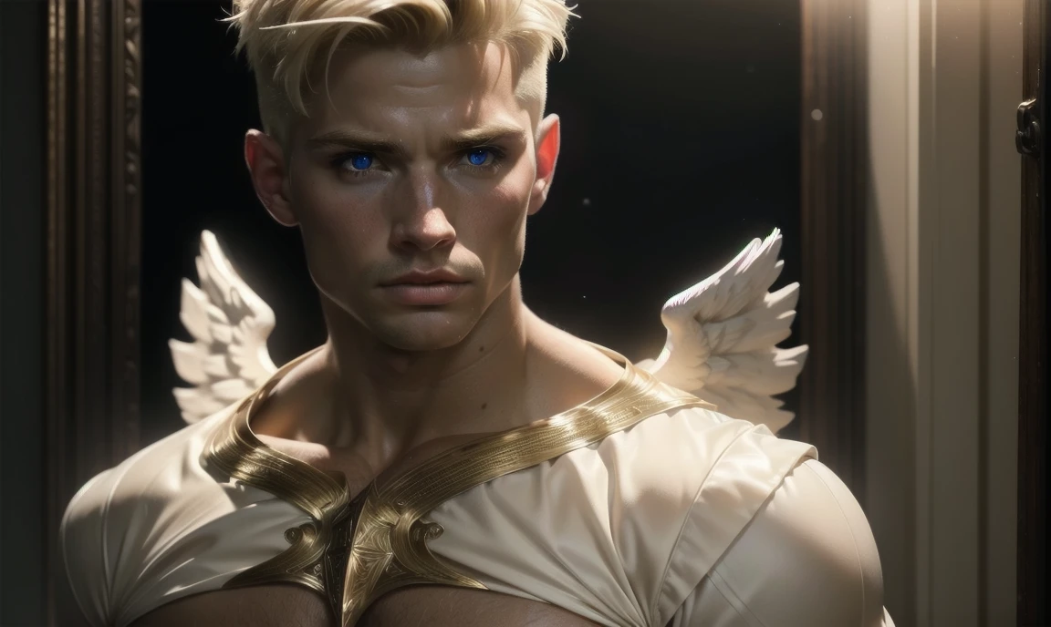 [((highly detailed, detailed eyes, detailed face, clear and realistic facial features, photorealistic, realistic light, cinematic)), (1 man), (((((Gorgeous perfect sexy powerful masculine male angel))))), (((two large white wings coming from his back))), ((faint halo)), ((((short blond hair, faintly glowing eyes with white iris)))), ((35 years old)), ((wearing flattering angelic clothes)), (((aura of divine power))), standing in a cozy apartment at nighttime, ((light blush)), (((wearing a clearly indignant expression)))]