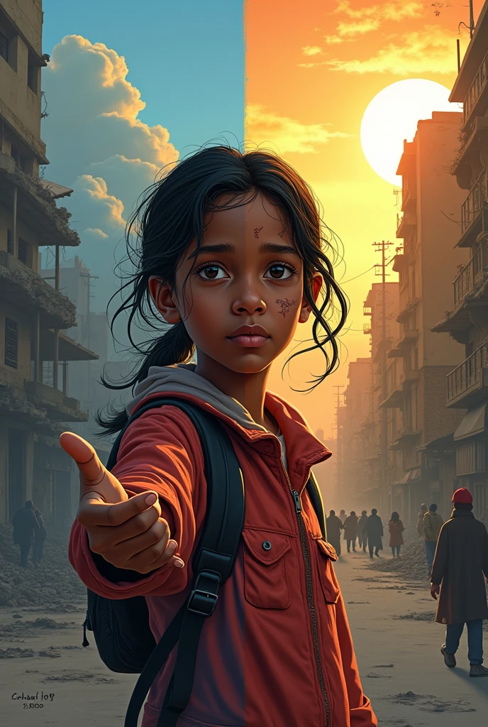 Here’s a detailed concept for the cover of “Colaad iyo Cadceed,” featuring a young girl and the city of Mogadishu:

Central Character - The Young Girl:

	•	A Symbol of Innocence and Strength: The cover’s focal point would be a young Somali girl, placed prominently in the foreground. She represents the innocence caught in the midst of war, yet her expression and stance convey resilience and determination. The girl could be depicted with a mix of emotions—her face showing the scars of conflict, but her eyes reflecting hope and resolve.

Duality of Mogadishu - Conflict and Hope:

	•	Left Side - The Impact of War: The left side of the cover should illustrate the harsh realities of conflict. The cityscape of Mogadishu in the background is damaged, with buildings crumbling, smoke rising, and the environment dark and oppressive. The girl might be seen holding onto something dear to her, like a small toy or a piece of cloth, symbolizing her clinging to what little innocence and normalcy she has left.
	•	Right Side - The Struggle for Peace: In contrast, the right side of the cover should depict the hope and determination for a better future. The same girl could be shown looking towards a brighter side of Mogadishu, where the sun is rising, illuminating new or repaired buildings. The sky here is clear, with warm rays of sunlight breaking through, symbolizing a new day and the enduring hope for peace and stability. The girl’s posture might be more upright on this side, symbolizing her unwavering spirit and the hard fight she’s engaged in to secure a peaceful life.

Symbolic Elements:

	•	The Girl’s Clothing: Her clothing could be tattered on the left side, reflecting the toll of war, but gradually becomes more intact and colorful on the right, representing the gradual return of hope and normalcy.
	•	Hands Reaching Out: To emphasize her struggle, you might depict her reaching out with one hand towards the light, symbolizing her active pursuit of a better future. This could also