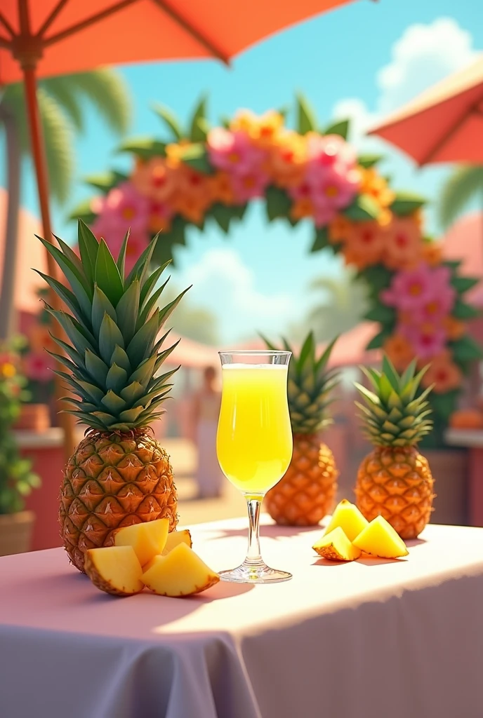 A display table, with a white tablecloth, at a fair with pineapple wine and two pineapples one on each side of the wine and pineapple slices and a glass of pineapple wine, with an arch decorated with tropical flowers and 2d style