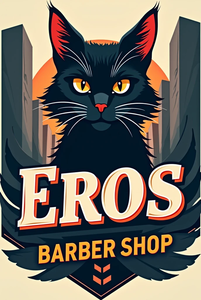 Logo for a barbershop with an urban style that says Eros barber shop and includes a cat