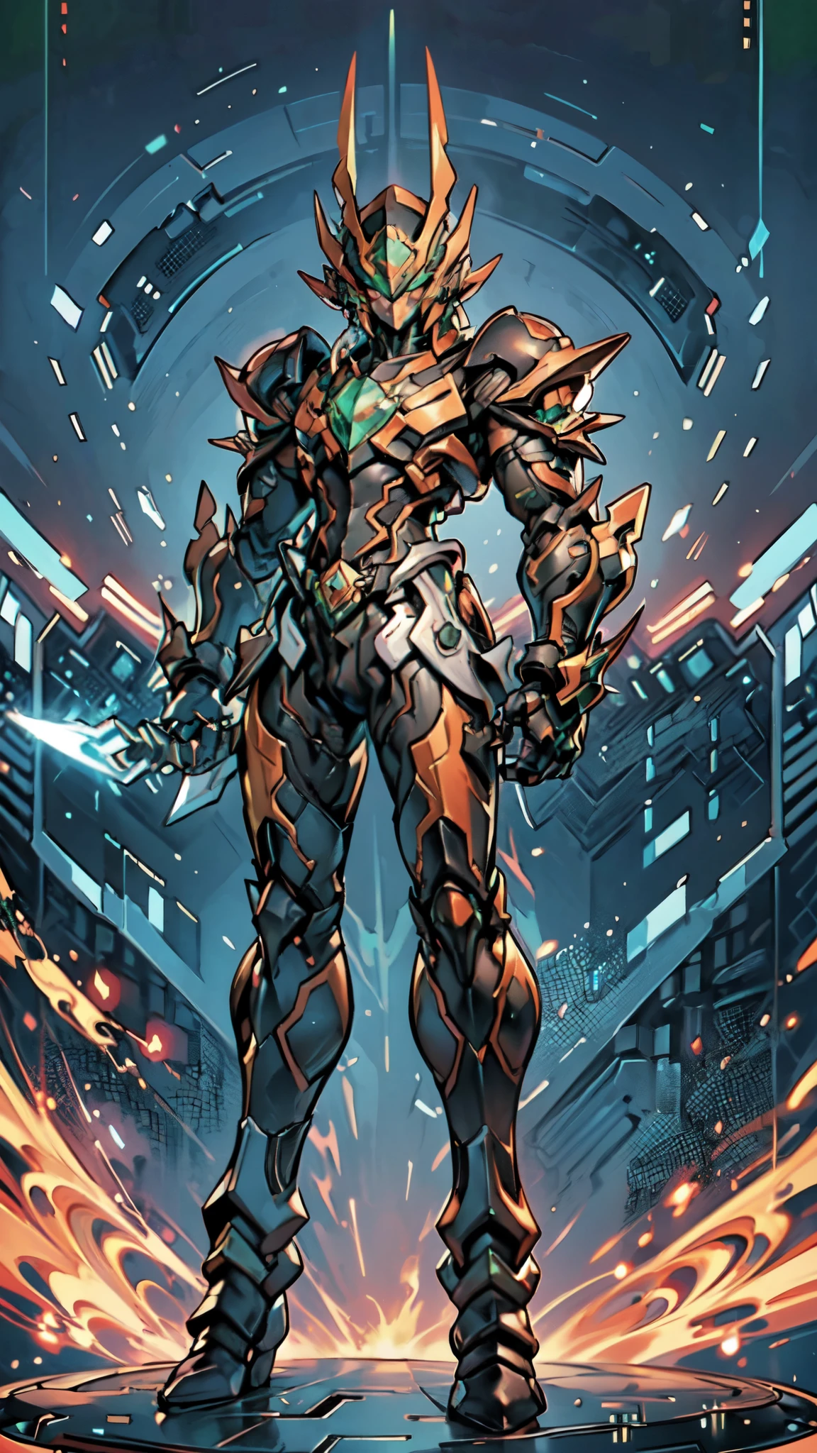 (masterpiece:1.5, best quality:1.5, extremely delicate:1.5), a man wearing a full-face helmet, a fantasy-style biotech armored combat suit, green eyes, (a composite layered chest armor), fully enclosed shoulder guards, matching arm and leg guards, belt of Neon circuit, (the color scheme is primarily black with green and red accents), the design balances heavy with agility, a high-tech bio-mecha armor, (Armor Concept Inspired by Kamen Rider, stand on the top of a skyscraper in a futuristic sci-fi city), this character embodies a finely crafted fantasy-surreal style armored hero in anime style, exquisite and mature manga art style, (element, plasma, energy, the armor glows), ((male:1.5)), metallic, high definition, highres, ultra-detailed, ultra-fine painting, professional, perfect body proportions, golden ratio, anatomically correct, symmetrical face, extremely detailed eyes and face, high quality eyes, creativity, RAW photo, UHD, 32k, Natural light, cinematic lighting, masterpiece-anatomy-perfect