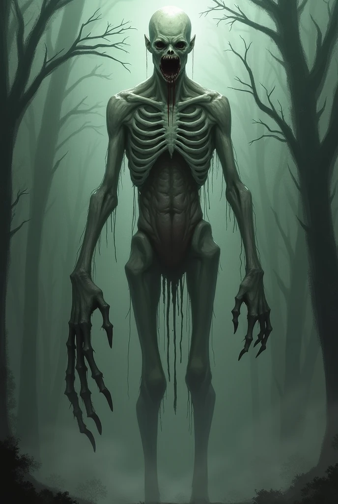 Create a monster in the paranormal order art style where it is 3 meters tall, has a face without a mouth and is very thin, ashen skin, black eyes with a small gray dot his ribs appear coming out of his chest, his left arm has a large bone that looks a bit like a twisted pincer, he has blood running down his face, SEM BOCA THE OARANORMAL ORTHER STYELE ART OF MONSTERS NO MOUTH NO MOUTH ELE EH HUMANOIDE E NÃO ESQUELETO SEM SER ESQUELETO SEM BOCAAA