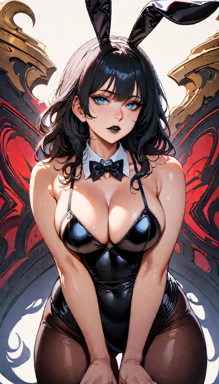(high quality, 8k, 4K, high contrast, artwork:1.2, high quality, best aesthetics), (centered), (front view), ((1 woman)), erotic, sensual, mature body, grown woman, super detailed, beautiful face detailed, beautiful eyes detailed, detailed beautiful mouth, (long black wavy hair), (light blue eyes), (black eyeliner), (black eyeshadow), (black lipstick), (relaxed expression), (serious penetrating gaze), (looking at the viewer), (standing), (straight posture), (woman facing forward), (women's black playboy bunny costume), (black bunny ears), (white collar with black bow tie), (pantyhose), (light simple background), (big breasts), (wide thighs)