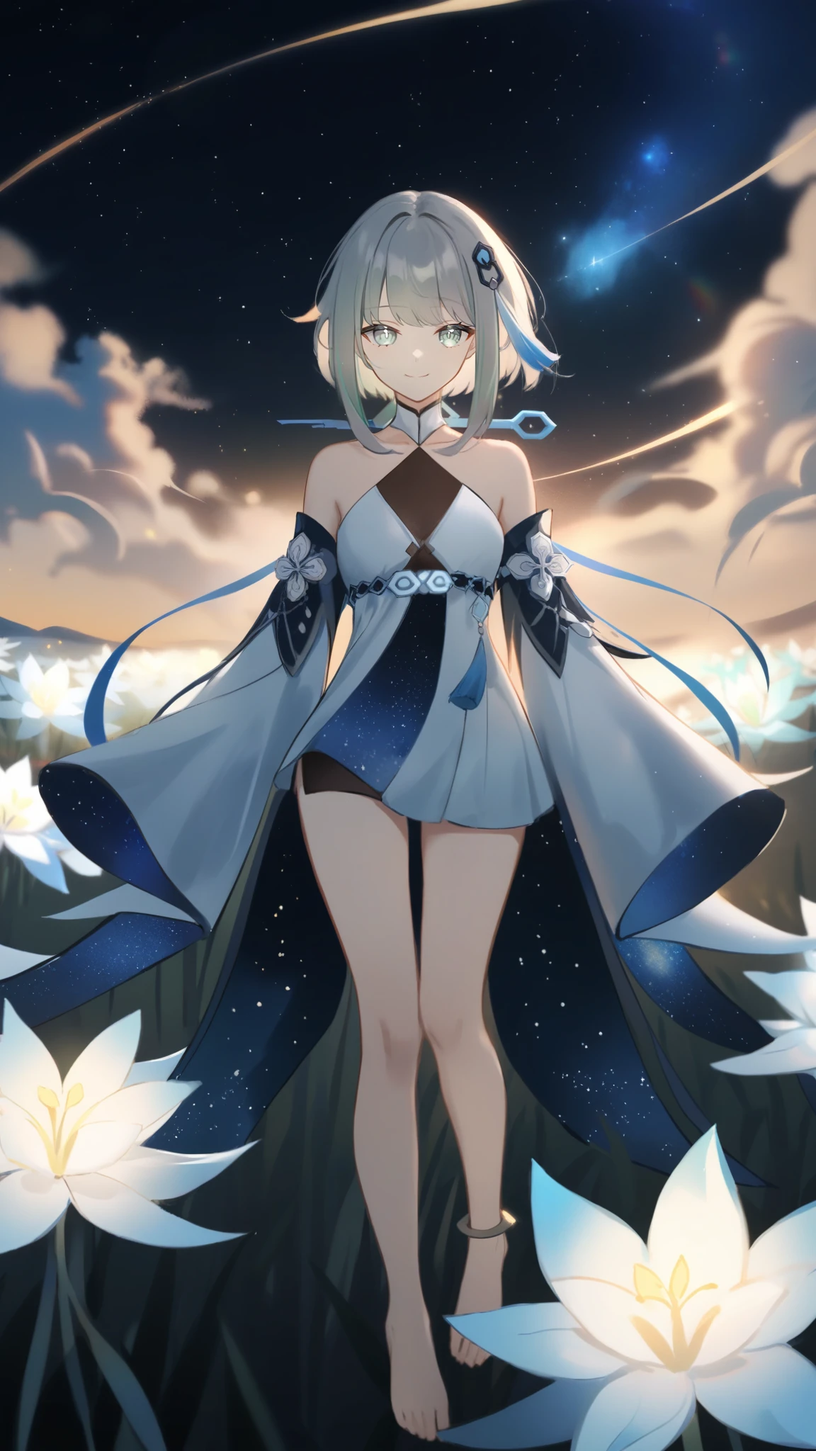1girl, guizhong_\(genshin_impact\),light grey hair,short_hair_with_long_locks,starry_sky_print,detached_sleeves, long sleeves_past_fingers,hanfu,illustrated by matsuryuu and agahari and dsmile,pale blue eyes,stunning field of softly glowing blue and white glaze lilies,night scene,gentle smile,moonlight,glossy lips,vivid anime coloring,cel shading,smooth, soft dreamy focus,anklet,halter_top,white clothes,highly detailed,digital painting,field of flowers,bare_shoulders,wlop,barefoot,cool night tones, magical night scene,masterpiece, best quality, film, professional, 4k, highly detailed,Guardian nebula of rainbow light and silvery vapor,starry,cosmic,goddess