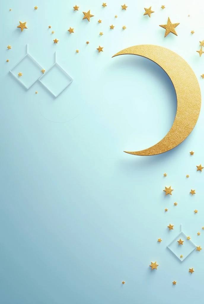 A soft, gradient blue background with a subtle geometric pattern, featuring a stylized crescent moon and stars in gold foil.