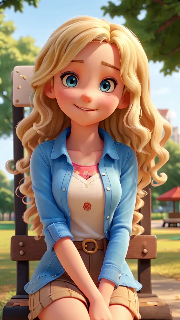 a young woman, hair down to the middle of her back, curly and blonde. she has blue eyes. She is in a city park, sitting on a park bench with an ice cream in her hand and licking it. She is happy.