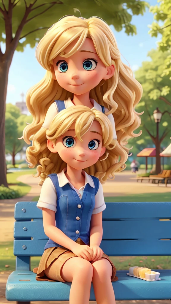 a young woman, hair down to the middle of her back, curly and blonde. she has blue eyes. She is in a city park, sitting on a park bench with an ice cream in her hand and licking it. She is happy.