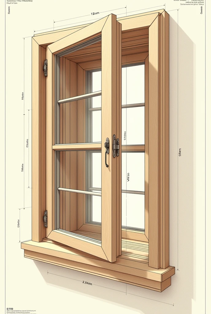 Animated wooden French window in drawing as if it were the plan or the parts of the assembled window