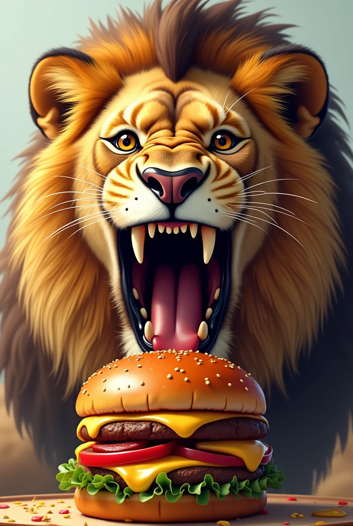 Design a drooling lion face with a burger in front of it
