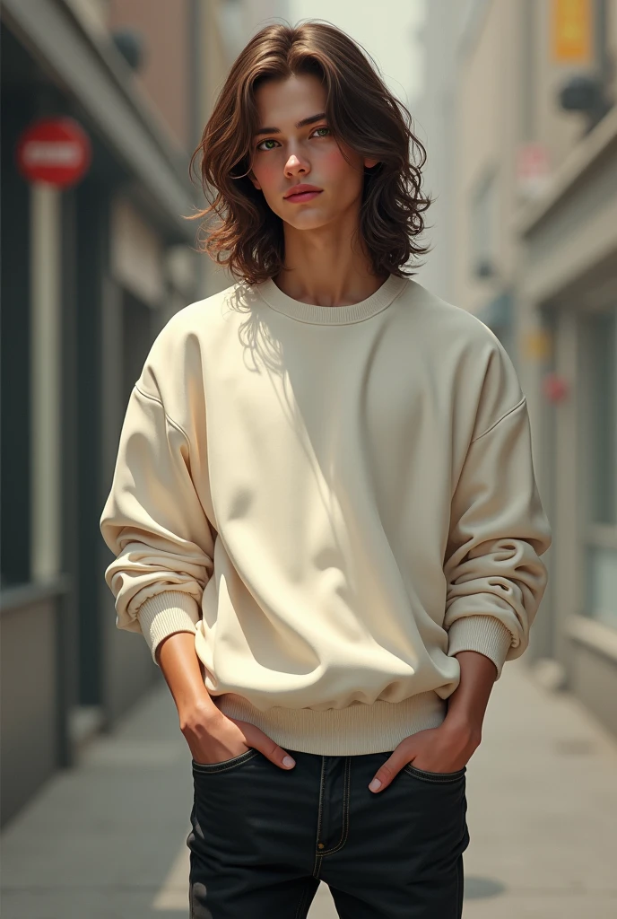 Boy, Olive brownish skin, Italian descendants, living in England as immigrant though, cute, beautiful, strikingly attractive,  green eyes and intense, soft pink lips naturally shaped, long, mid-length wavy brown hair cascaded with gentle curls,  slender build and delicate features gave him a somewhat feminine appearance, very cute nose, quiet, mysterious, shy, ager,  , skinny body yet sexy, wearing a cute white sweater, , young, skinny arms, a boy! He is a BOY, black  jeans stylish 