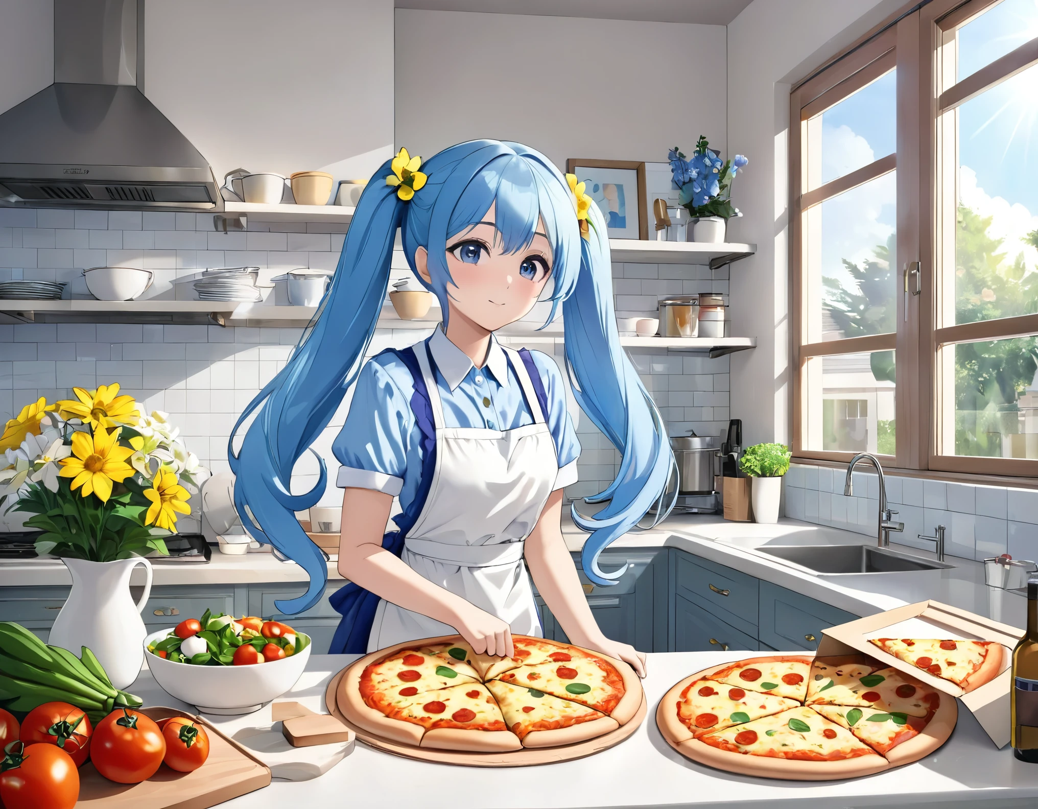 Light blue long hair、Beautiful girl with twin tails、Making a big pizza in an apron、Bright, sunny kitchen、There are lots of margaret flowers on the windowsill.、