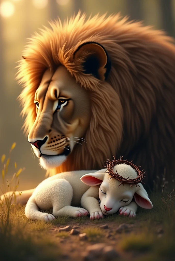 A baby lamb with a crown of thorns lying down sleeping protected from behind by a beautiful and glorious lion who is sitting