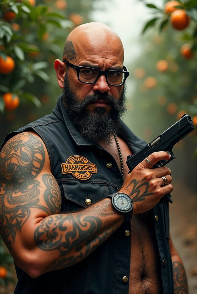 Pablo Escobar bald with beard head tattoo face tattoo black framed glasses motorcycle club vest holding gun tangerine plantation 