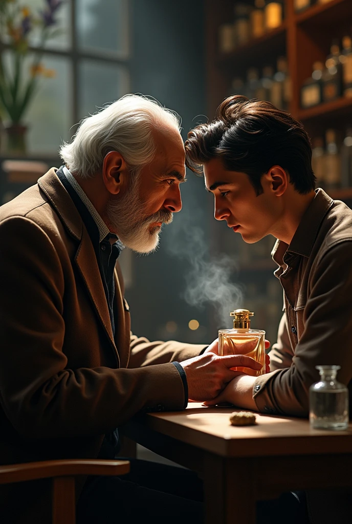 The old perfumer sitting there is fascinated by the smell of the young man&#39;s perfume. 
