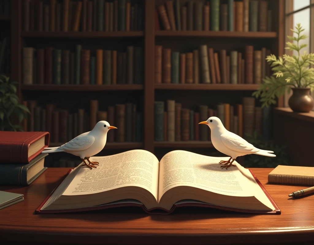 shelves with many books with current features,an open bible with birds symbolizing the holy spirit on the edge of the table