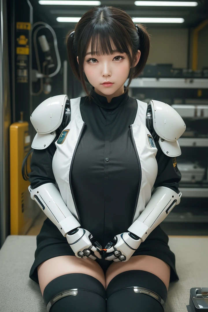masterpiece, best quality, extremely detailed,portrait, Japanese android girl,Plump,a bit chubby,control panels,robot arms,robot,android,cyborg,white robot body,blunt bangs,robot repair plant,black knee high socks,rolling eyes