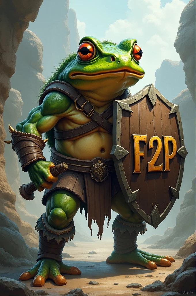 A warrior frog with a shield that says F2p