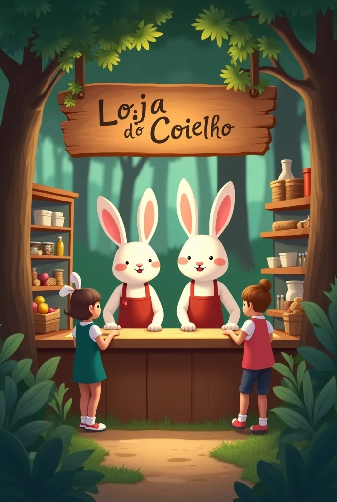 an image of two adult white male rabbits, siblings, behind a counter in a store in the forest, serving happy customers with a sign reading "Loja do Coelho" in Portuguese