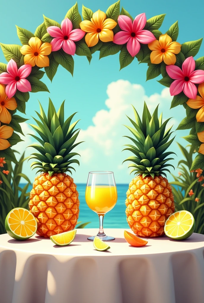 A display table, with a white tablecloth, at a fair with pineapple wine and two pineapples one on each side of the wine and pineapple slices and a glass of pineapple wine, with an arch decorated with tropical flowers and 2d style