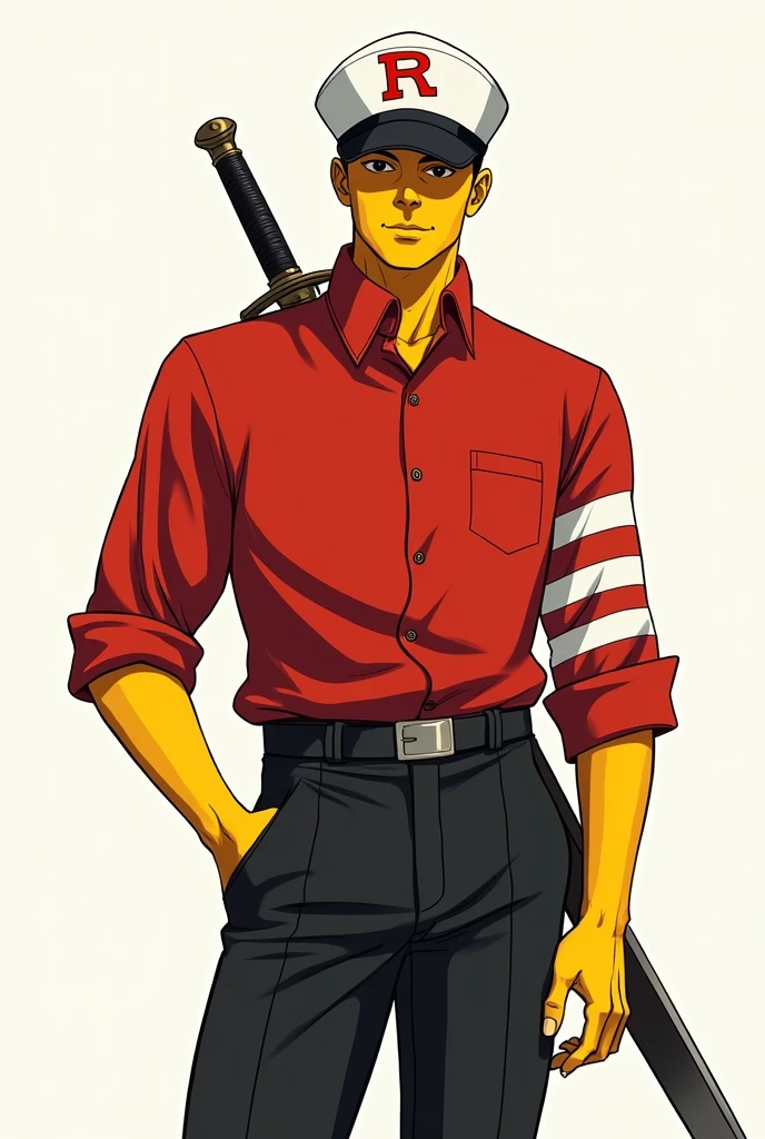 Create a male character with no hair and yellow with a cap with an R on the front of the cap with a red blouse with white stripes on the right arm and black pants with white stripes on the left leg with a sword at the waist Drawing style