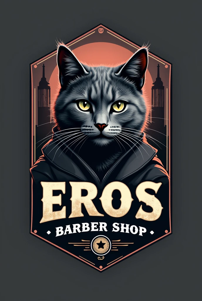 Logo for a barbershop with an urban style that says Eros barber shop and includes a gray tabby cat 